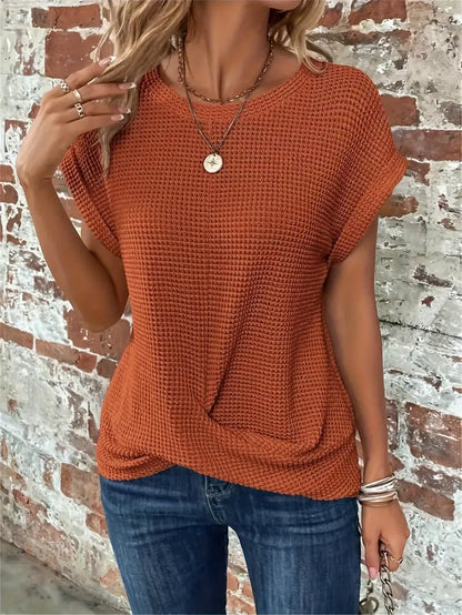 Women's Casual Top - Waffle Knit - Short Sleeve Rolled Cuff - Round Neck Relaxed Fit