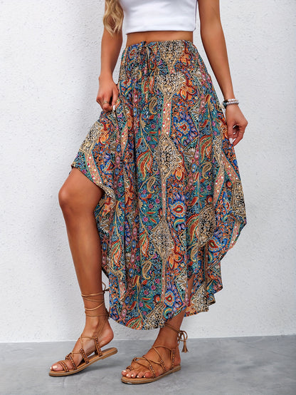 Women's Maxi Skirt - Bohemian Paisley Print - Asymmetrical Flowing Hem - Elastic Waist
