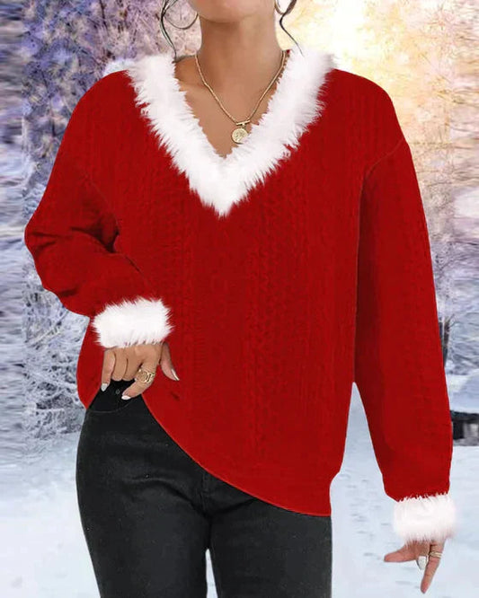 Fur Collar Red Pullover Sweater