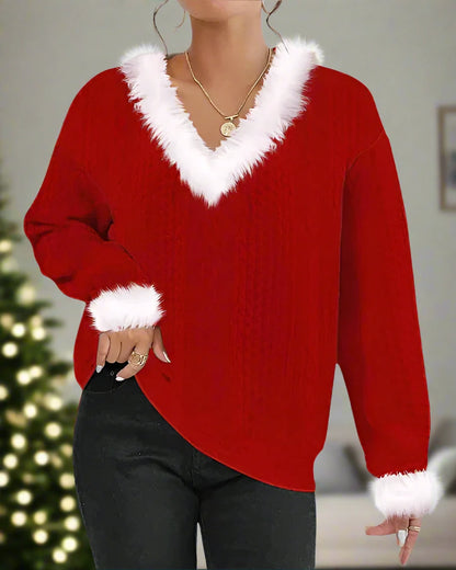 Women's red pullover sweater with fur collar