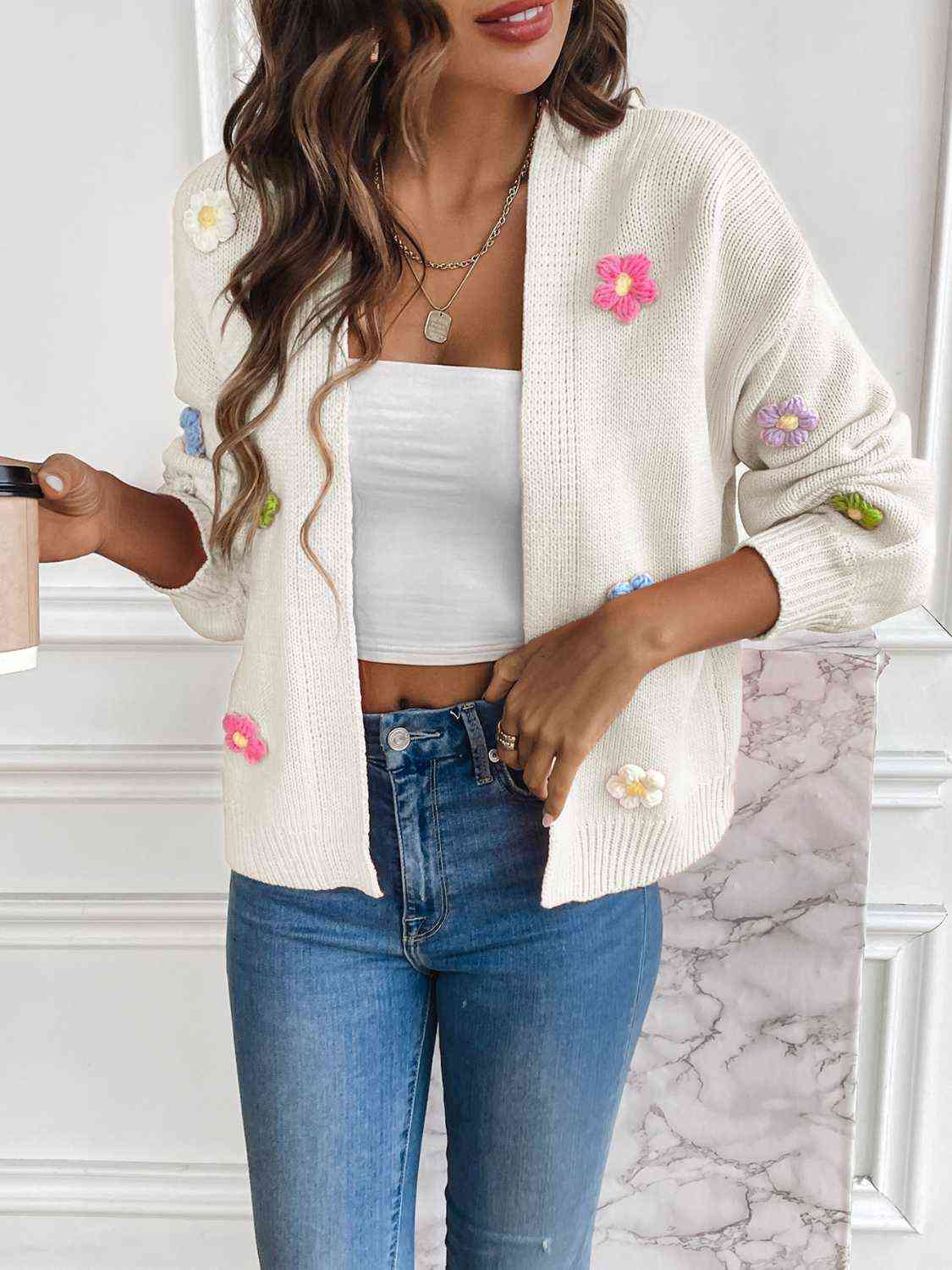 Women's Knit Cardigan - Long Sleeve - Floral Appliqué - Cropped Relaxed Fit