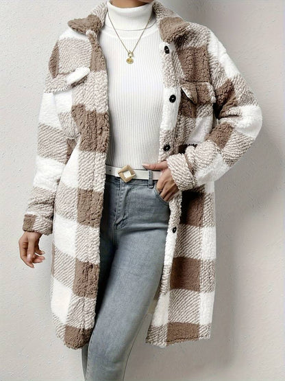women's long checkered teddy jacket with buttons