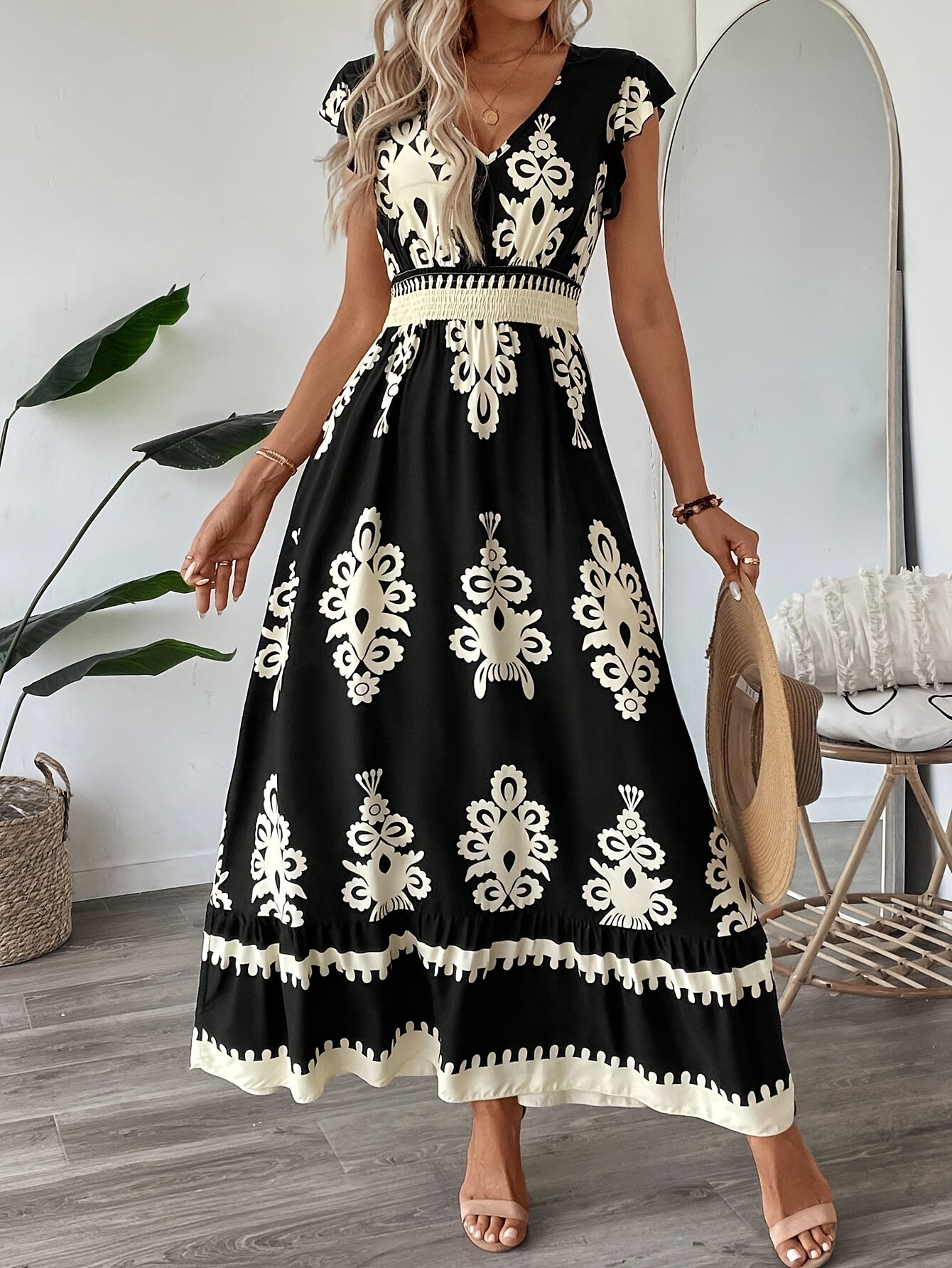 Women's Maxi Dress - V-Neck - Cap Sleeve - Smocked Waist - Flowy Elegant Fit