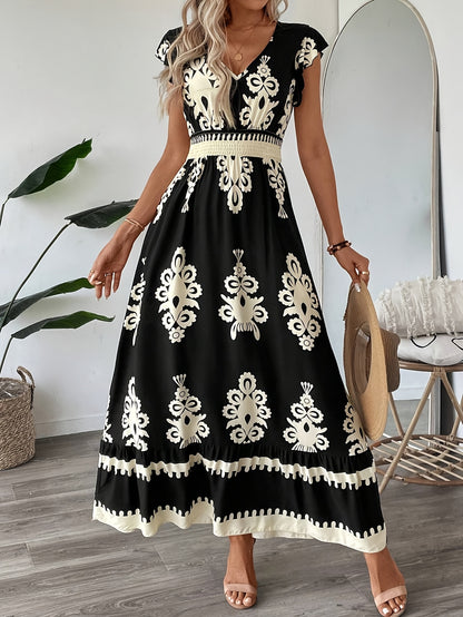 Women's Maxi Dress - V-Neck - Cap Sleeve - Smocked Waist - Flowy Elegant Fit