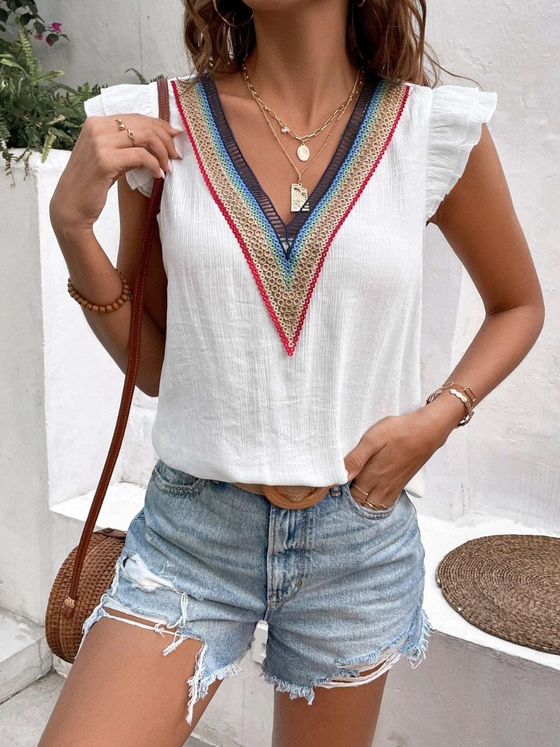 Women's Sleeveless Blouse - V-Neck Embroidered - Lightweight Flowy Ruffled