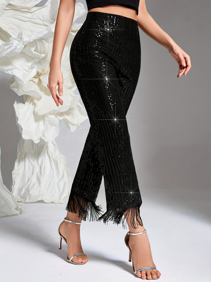 Elegant fringe hem straight-leg pants for women