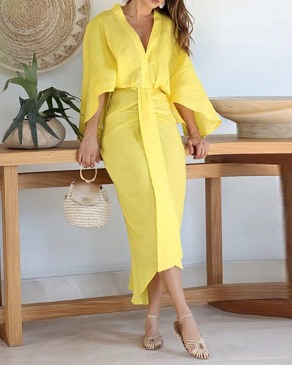 Women's Midi Dress - V-Neck - Kimono Sleeves - Adjustable Waist - Flowy Elegant Fit