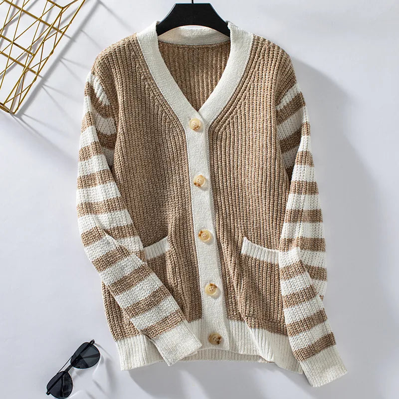 Striped Loose Button-Up Cardigan Sweater