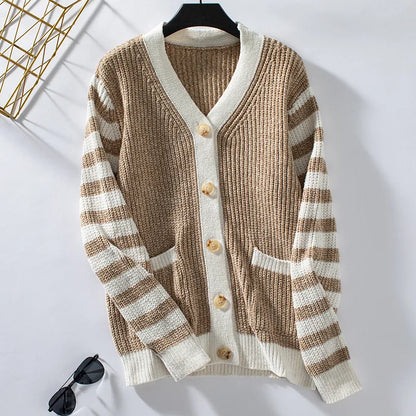 Women's striped loose button-up cardigan sweater
