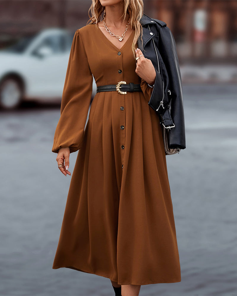 Women's Midi Dress - A-Line Silhouette - V-Neck - Long Puff Sleeves - Button Front