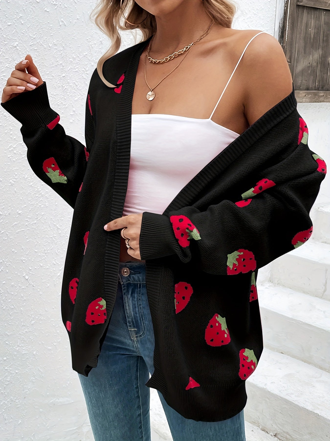 Strawberry print open-front cardigan with long sleeves and ribbed edges for women