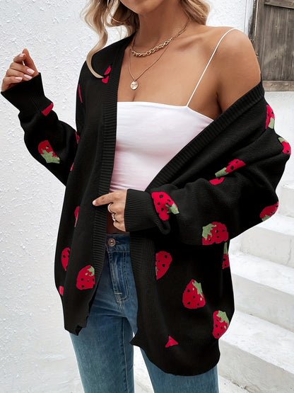 Strawberry print open-front cardigan with long sleeves and ribbed edges for women
