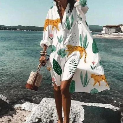Women’s Shirt Dress - Loose Fit - Long Sleeve Button Down - Casual Beachwear