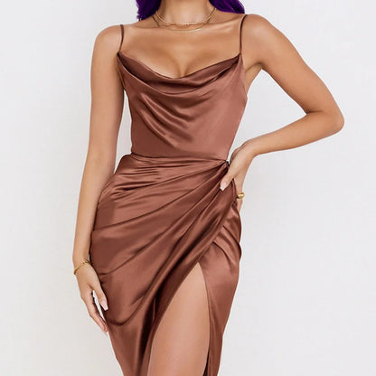 Women's Satin Dress - Cowl Neck - Spaghetti Straps - High Slit Elegant Fit