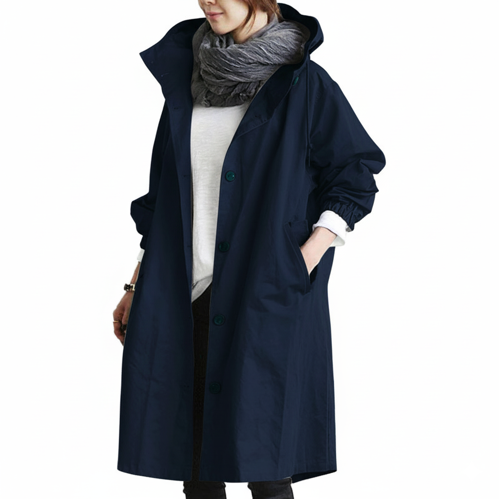 Water-Resistant Hooded Button Closure Long Overcoat