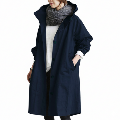 Women's Long Overcoat - Water-Resistant - Hooded with Button Closure - Elastic Cuffs