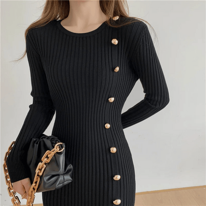 Women's Rib-Knit Mermaid Dress - Long Sleeve - Fitted Elegant Button Detail