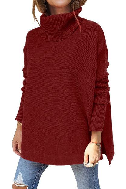Women's mid-length high neck bat sleeve pullover sweater