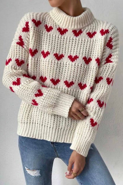Women's Knitted Sweater - Chunky Knit - Mock Neck - Relaxed Fit - Heart Pattern