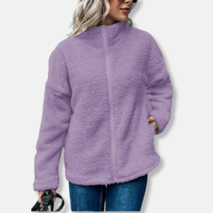 Women’s Fleece Jacket – Oversized Fit – Plush Texture – Stand Collar – Zip Front