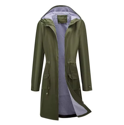 Women’s Long Hooded Jacket – Water-Resistant – Tailored Fit – Zip Front – Adjustable Waist