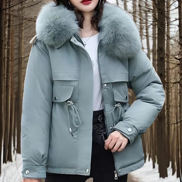 Women's slim waist cotton parka with rabbit fur lining