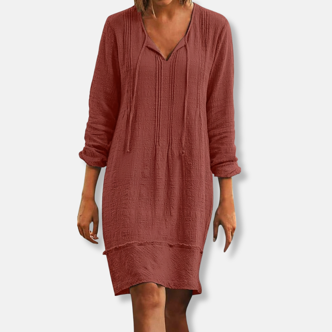 Women's Casual Dress - Knee Length - V-Neck - Long Sleeve Lightweight Textured