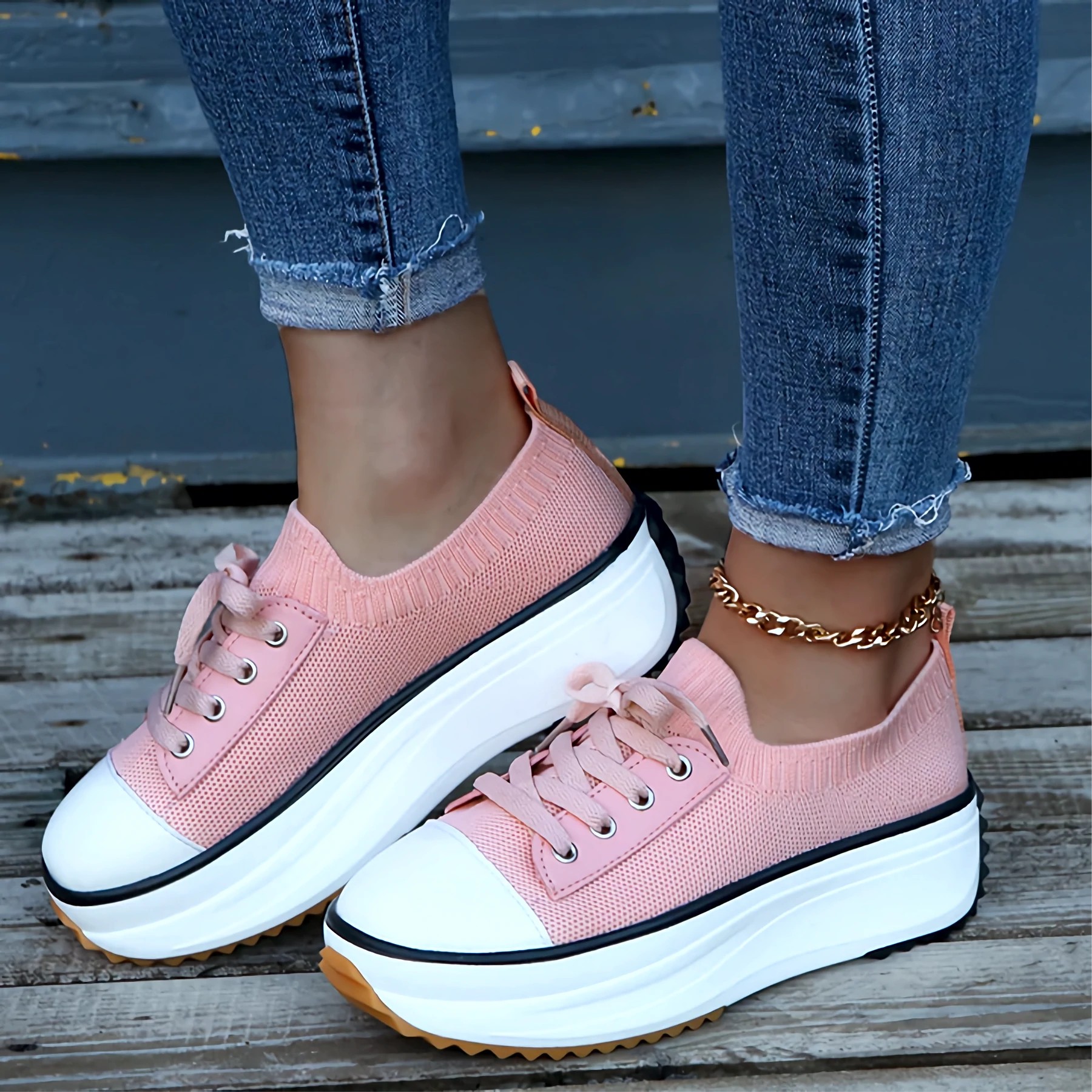 Breathable Knit Platform Lace-Up Sneakersnull