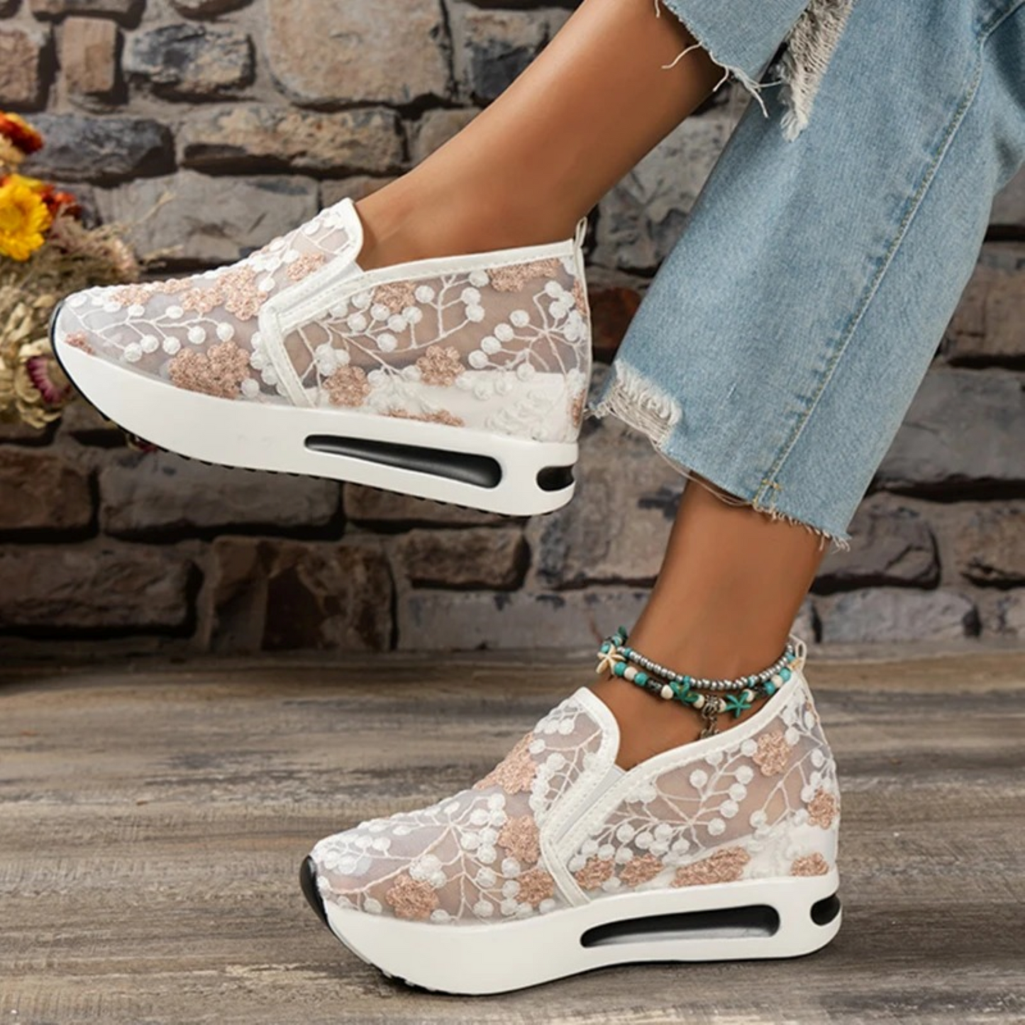 Women's Slip-On Sneakers - Floral Lace Mesh - Platform Sole - Cushioned Air Support