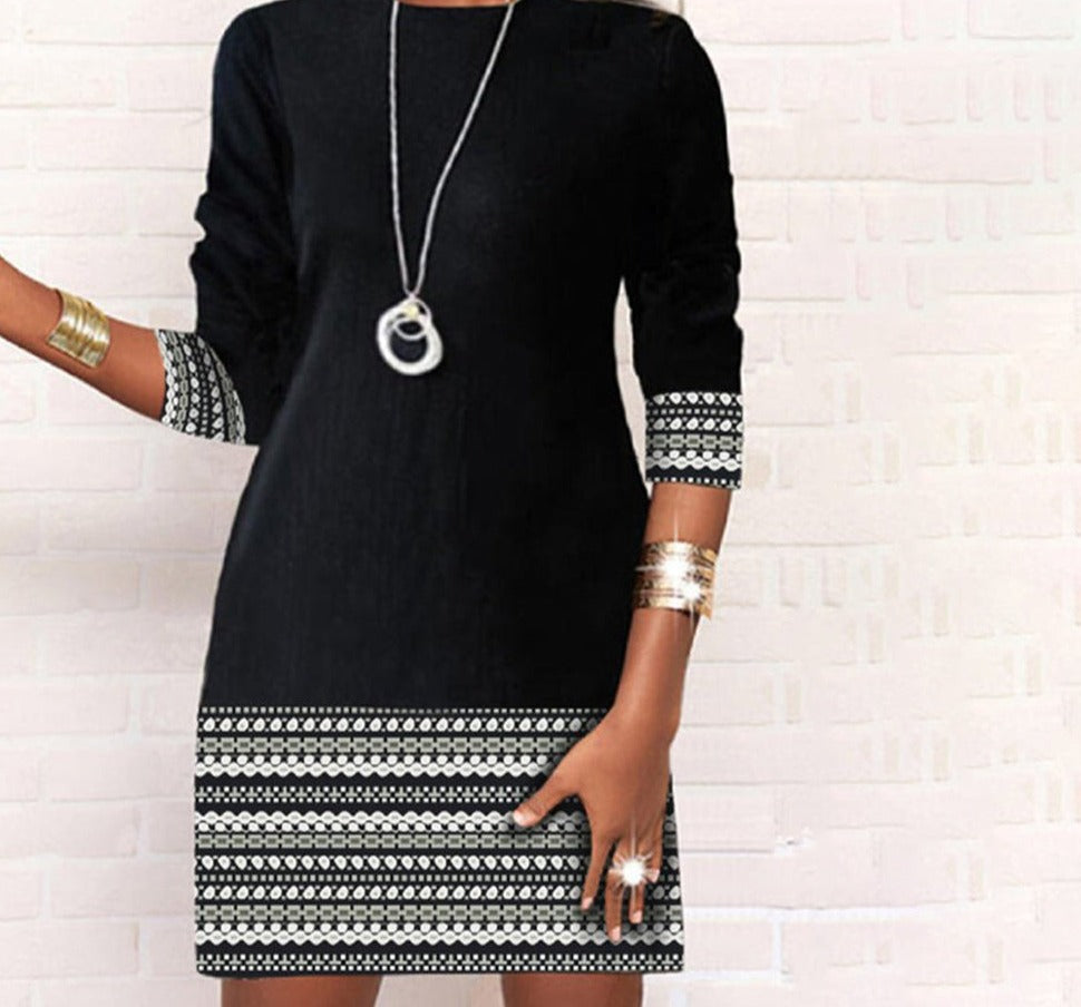 Women's Knit Dress - Long Sleeve - Round Neck - Mid-Length Stylish Fit