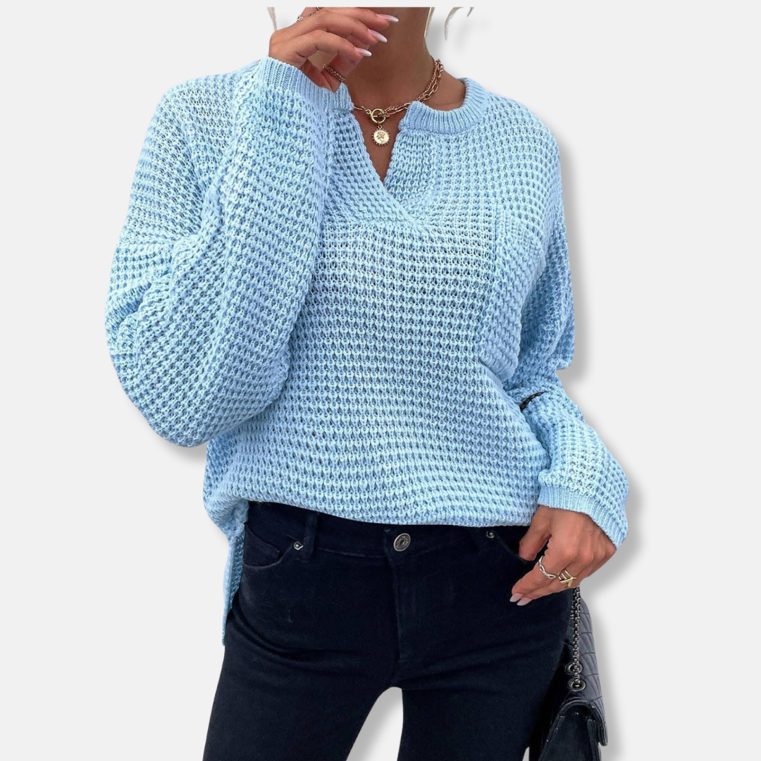 Women’s Sweater - Knit - Relaxed Fit - Notched V-Neck - Long Sleeve