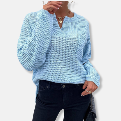 Women’s Sweater - Knit - Relaxed Fit - Notched V-Neck - Long Sleeve