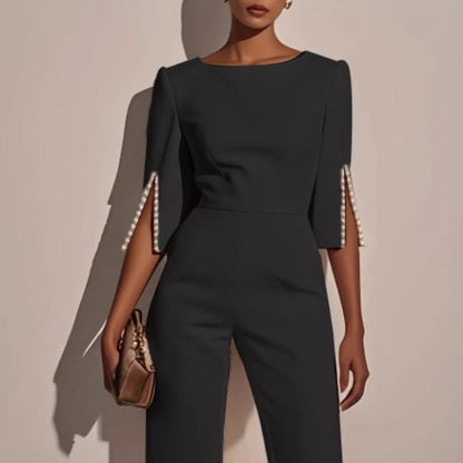 Isla Fitted Jumpsuit | Pearl Embellishments Three-Quarter Sleeve Jumpsuit