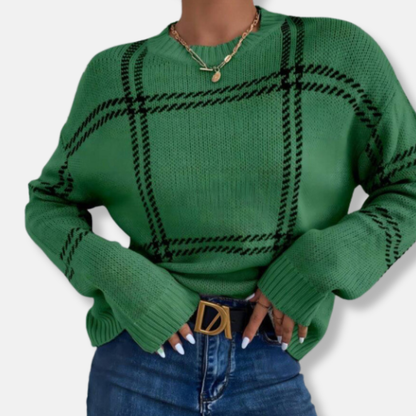 Women’s Sweatshirt - Knit Fabric - Windowpane Plaid - Crew Neck - Long Sleeve