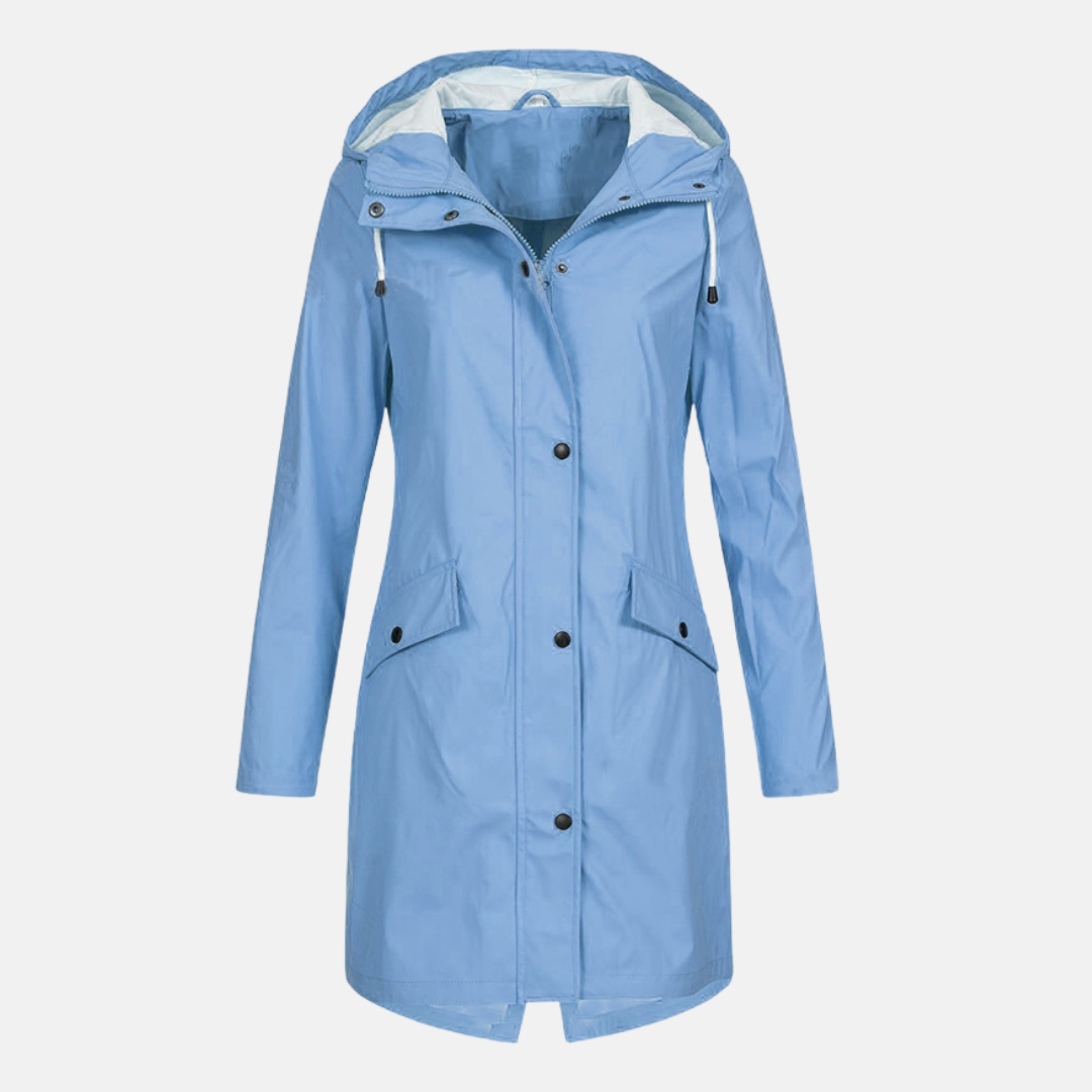 Women’s Long Jacket – Water-Resistant – Hooded – Snap Closure – Flap Pockets