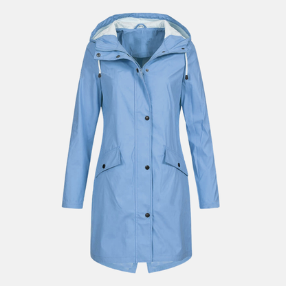 Women’s Long Jacket – Water-Resistant – Hooded – Snap Closure – Flap Pockets