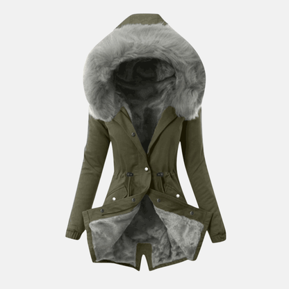 Women’s Jacket – Slim Fit – Plush-Lined Hood – Adjustable Waist – Mid-Length – Button Front