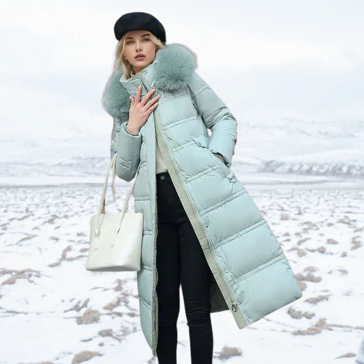 Women's slim fit over knee jacket with fur collar and belt