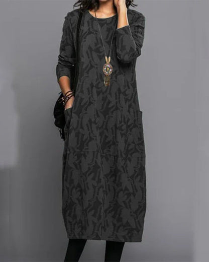 Women's Long-Sleeve Midi Dress - Loose Fit - Round Neck - Casual with Pockets