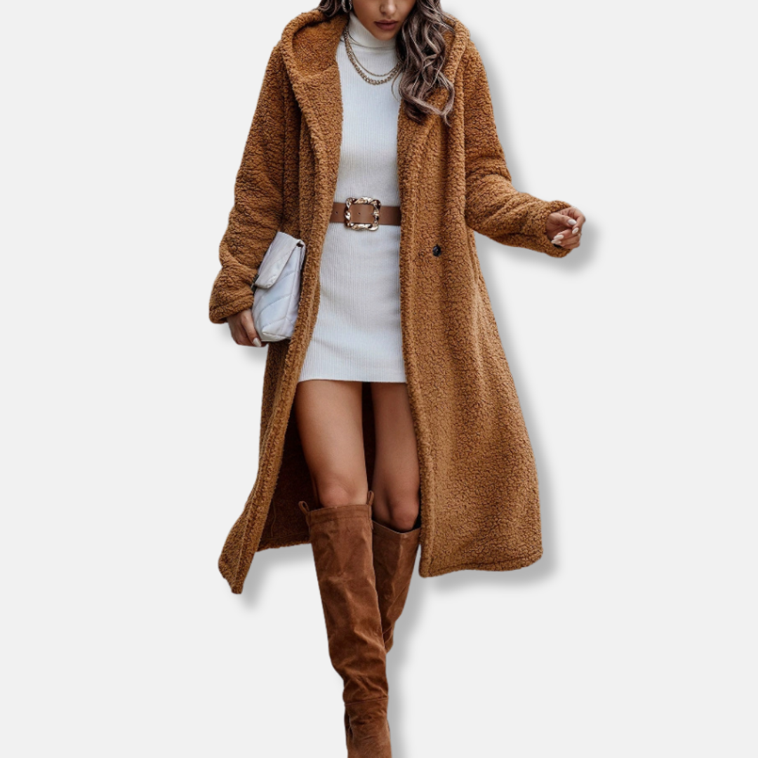 Women’s Long Coat – Plush Textured Fabric – Relaxed Fit – Hooded – Button Front