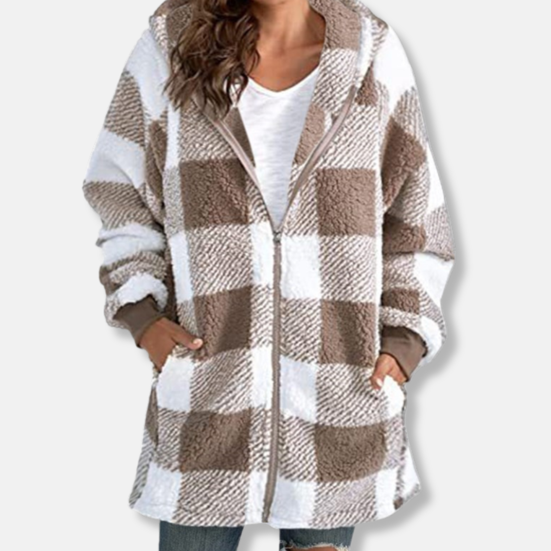 Women’s Hooded Jacket – Oversized Fit – Soft Knit – Full Zip – Checkered Mid-Thigh Length