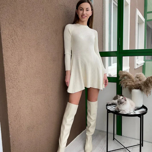 Ribbed Knit Fitted A-Line Mini Dress