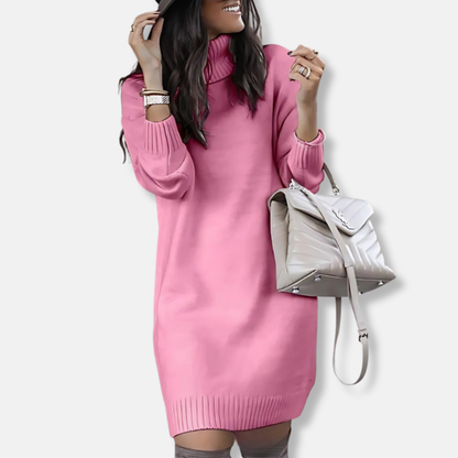 Women’s Mini Dress – Knit Fabric – Turtleneck – Ribbed Trim – Relaxed Slim Fit