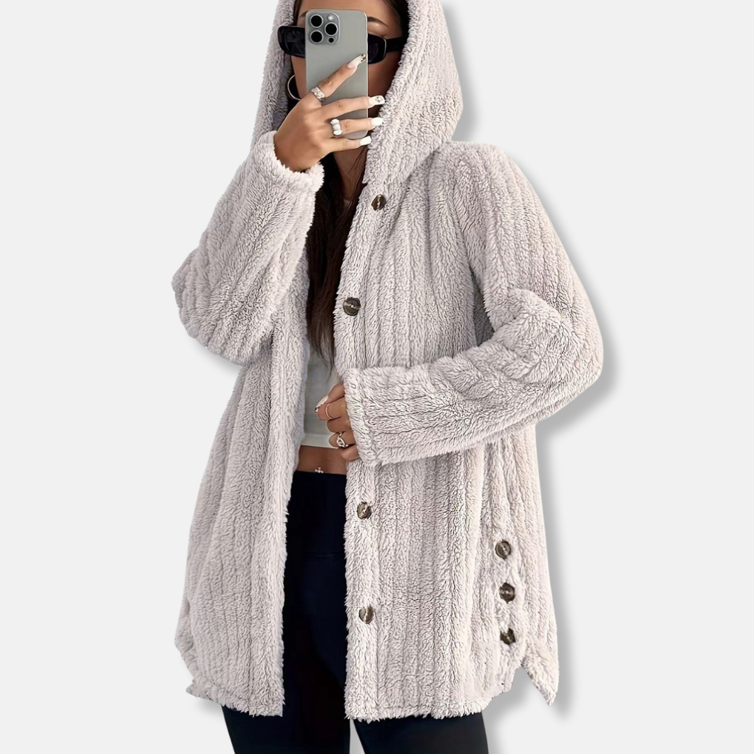 Women’s Plush Coat – Hooded – Loose Fit – Long Sleeve – Soft Faux Fur – Mid Thigh Length