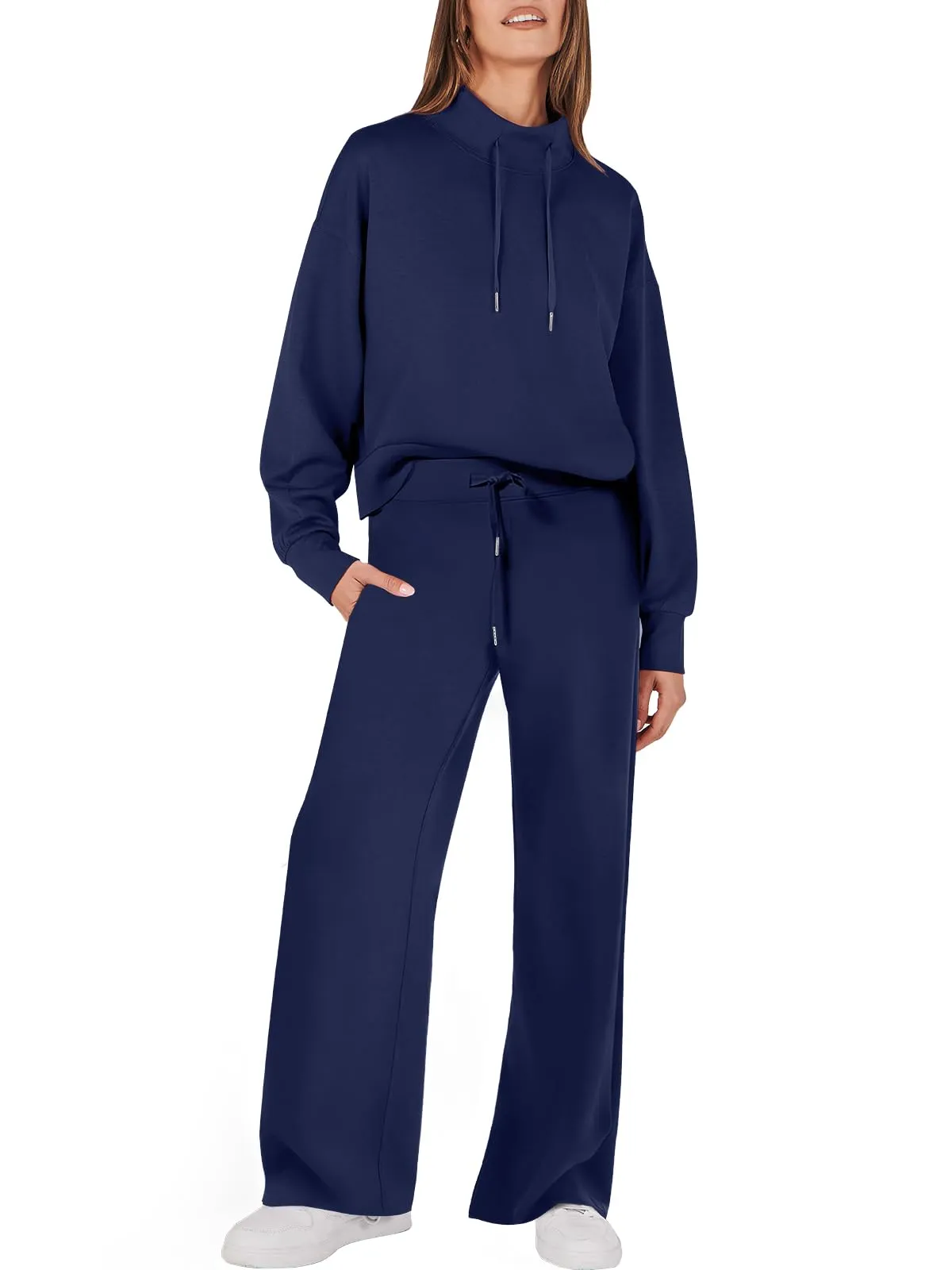 Women's chic mock drawstring sweatshirt and wide leg pants set