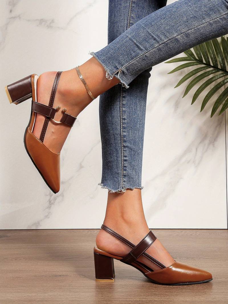 Women's Slingback Heels - Pointed Toe - Block Heel - Adjustable Strap Elegant Design