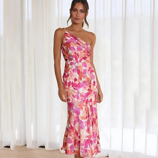 Floral Print A-Line Midi One-Shoulder Dress