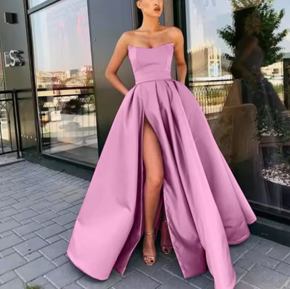 Women's Evening Gown - Strapless A-Line - Floor-Length with High Slit - Formal Wear