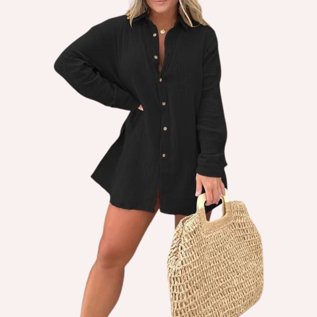 Women's Oversized Shirt Dress - Button Down - Long Sleeve - Lightweight Textured Fit