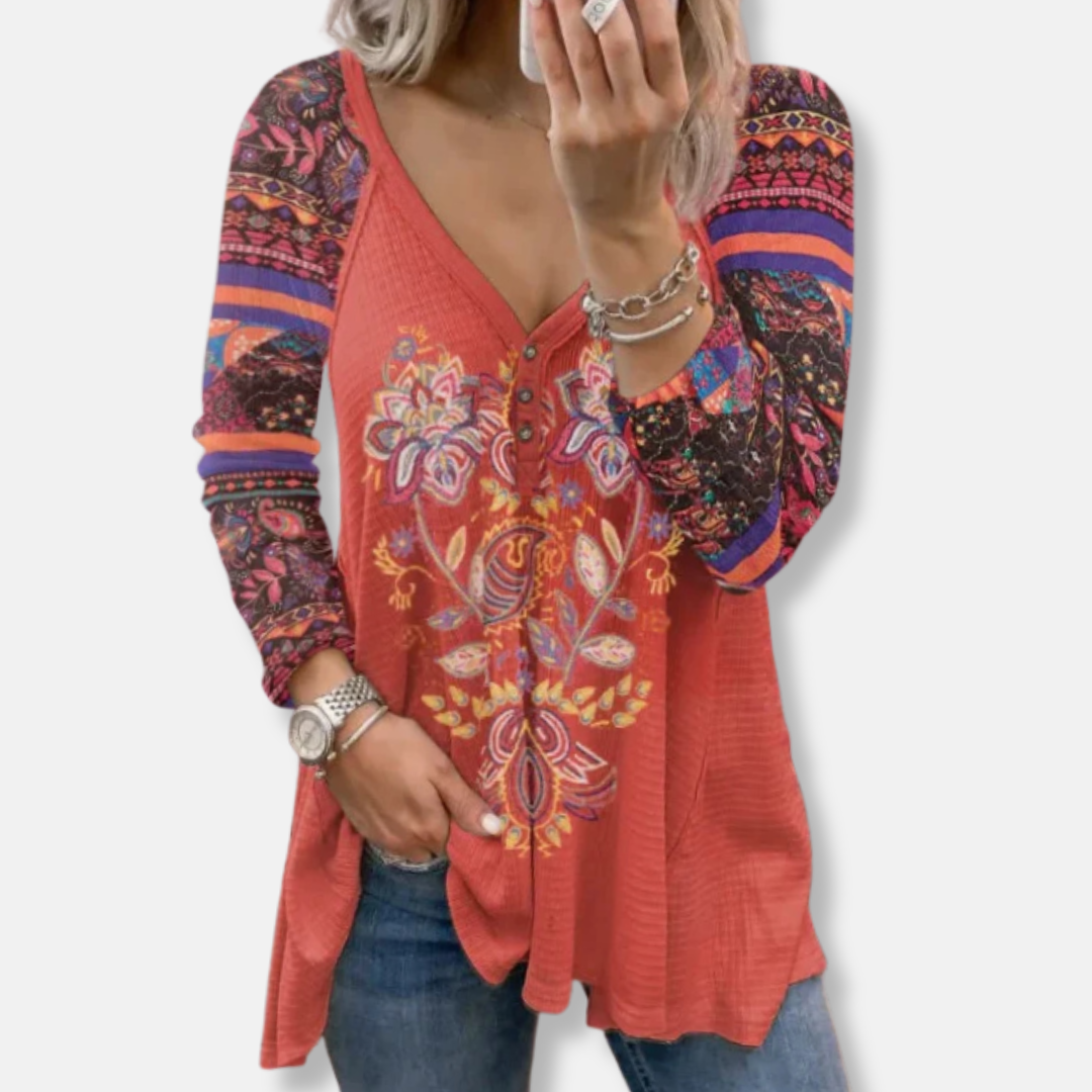 Freya Loose Fit Long Sleeve T-Shirt | V-Neck Button Front T-Shirt